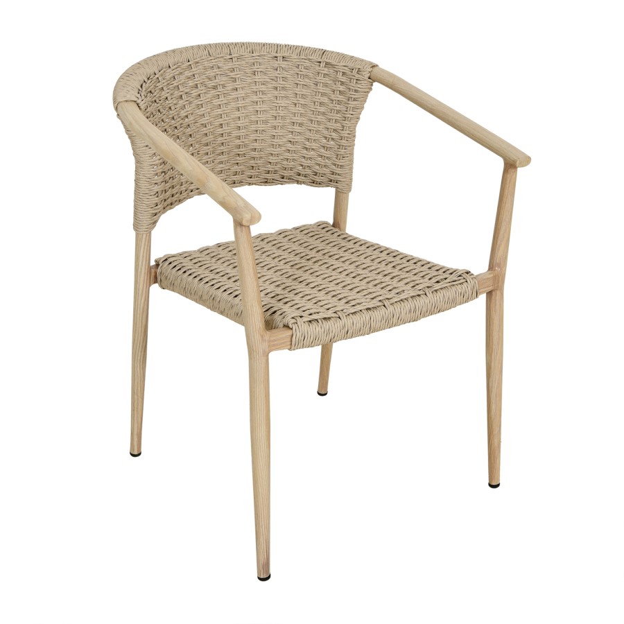 6 Seater Wood Effect Garden Dining Set with Rattan Chairs
