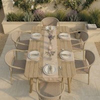 6 Seater Wood Effect Garden Dining Set with Rattan Chairs