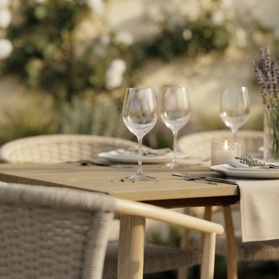 6 Seater Wood Effect Garden Dining Set with Rattan Chairs
