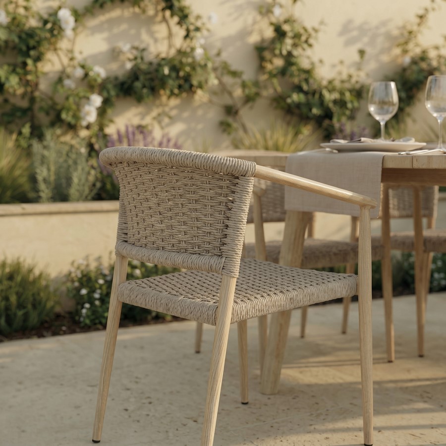 6 Seater Wood Effect Garden Dining Set with Rattan Chairs