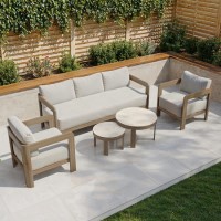 5 Seater Aluminium Wood Effect Beige Garden Sofa Set with Nesting Tables