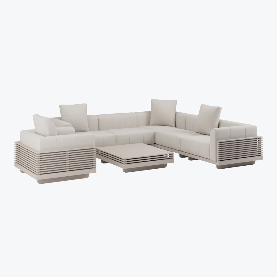 6 Seater Beige Fluted Garden Corner Sofa & Armchair Set with Coffee Table