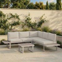 5 Seater Beige Aluminium Garden Corner Sofa Set with Matching Coffee Table