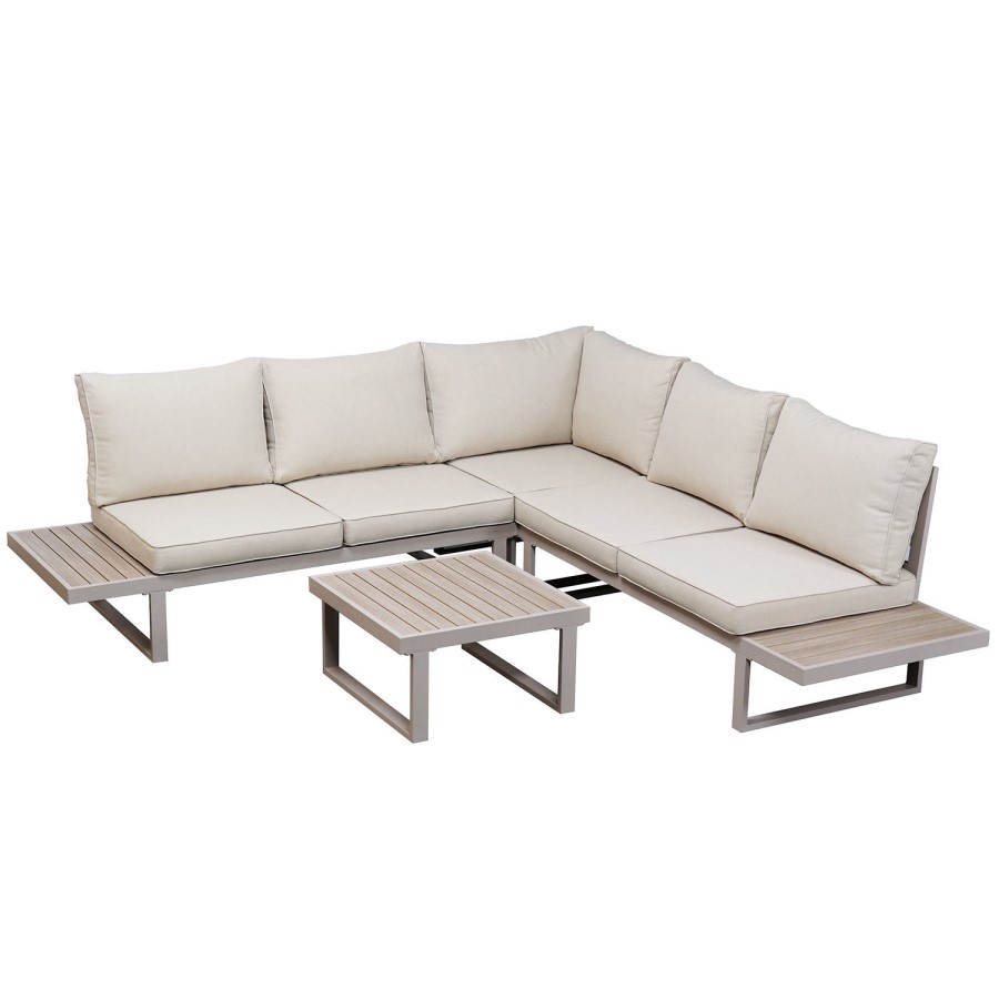 5 Seater Beige Aluminium Garden Corner Sofa Set with Matching Coffee Table