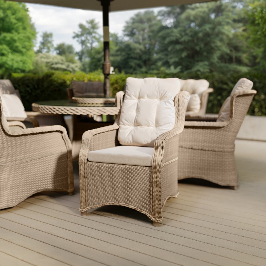 6 Seater Beige Rattan Round Garden Dining Set with Lazy Susan, Built-in Ice Bucket and Matching Parasol