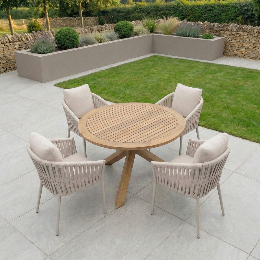 4 Seater Real Teak Round Garden Dining Set with Beige Rope Chairs
