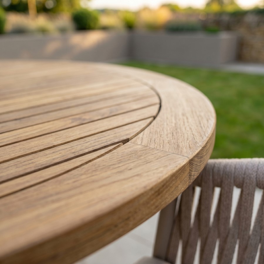 4 Seater Real Teak Round Garden Dining Set with Beige Rope Chairs