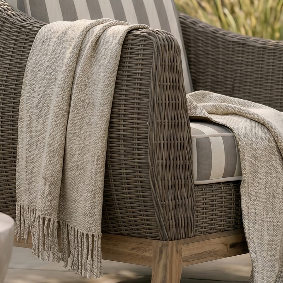 5 Seater Brown Rattan Garden Sofa Set with Striped Cushions & Coffee Table