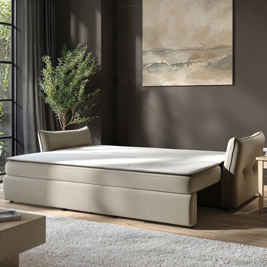 3 Seater Pull-Out Sofa Bed with Storage in Beige Velvet - Gaia