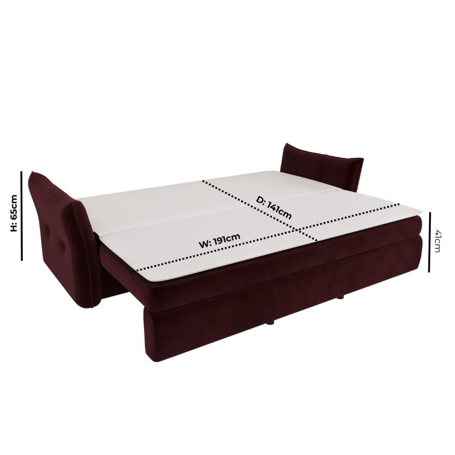 3 Seater Pull-Out Sofa Bed with Storage in Burgundy Velvet - Gaia