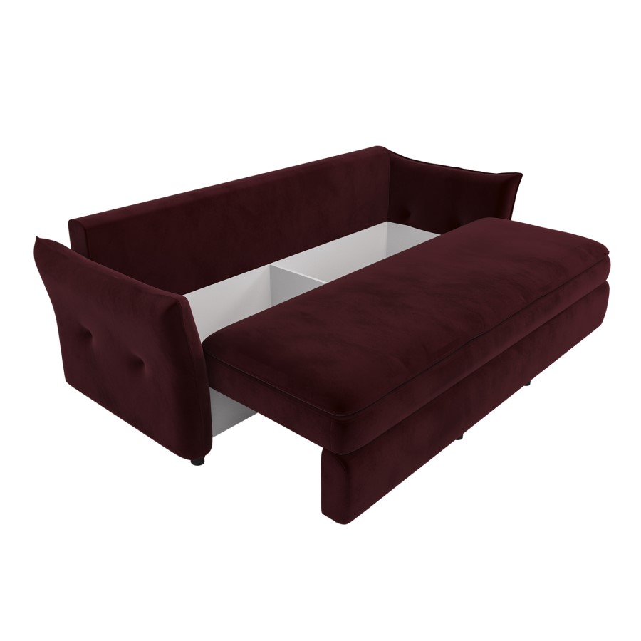 3 Seater Pull-Out Sofa Bed with Storage in Burgundy Velvet - Gaia