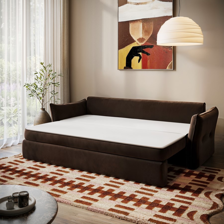 3 Seater Pull-Out Sofa Bed with Storage in Chocolate Brown Velvet - Gaia