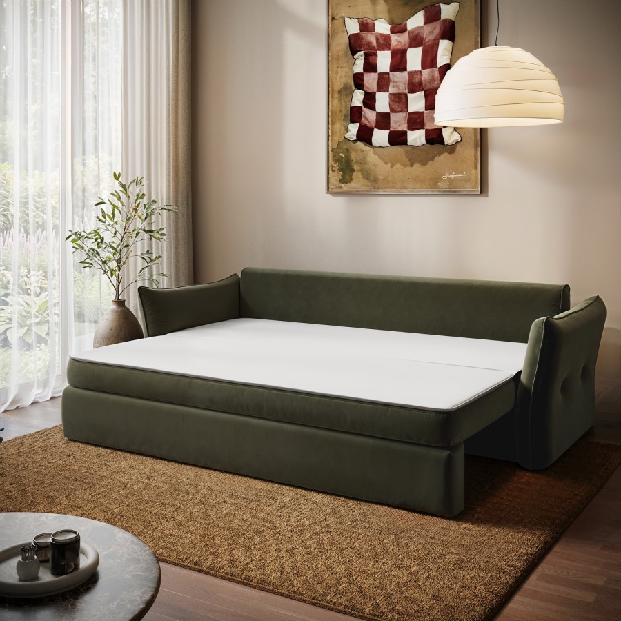 3 Seater Pull-Out Sofa Bed with Storage in Khaki Green Velvet - Gaia