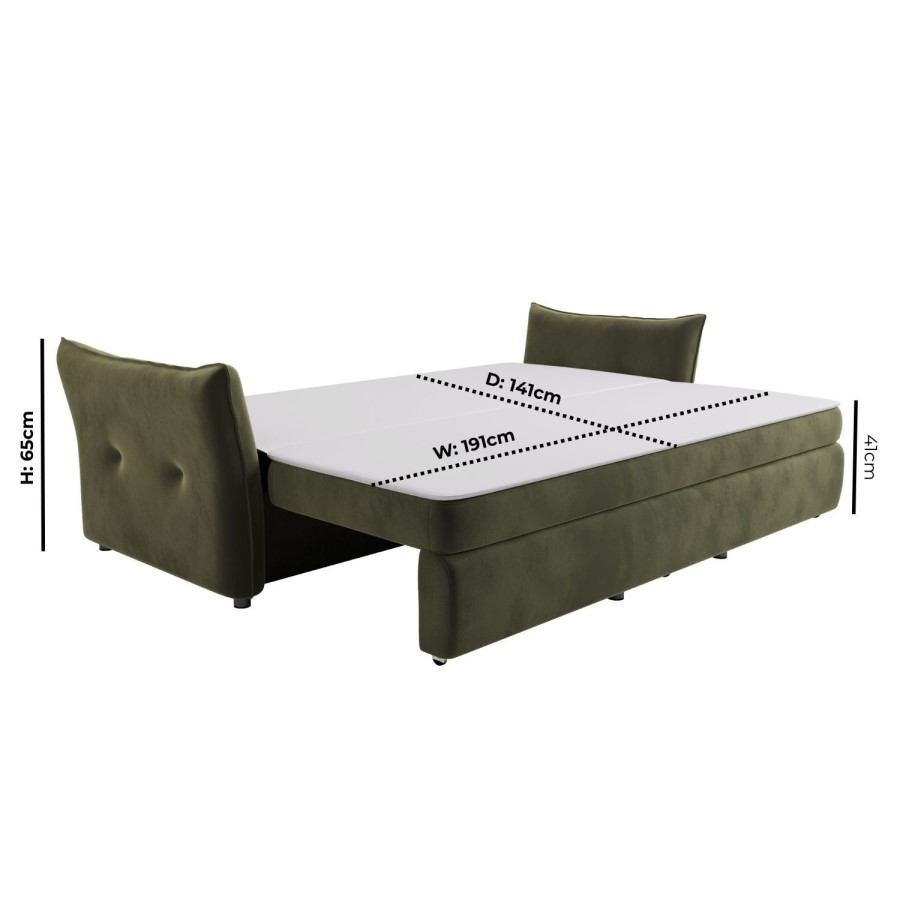 3 Seater Pull-Out Sofa Bed with Storage in Khaki Green Velvet - Gaia