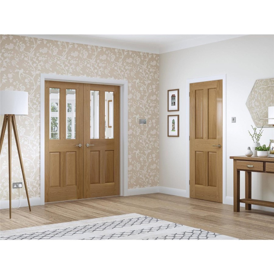 Internal Oak Glazed Victorian 4-Panel Door with Clear Bevelled Glass - Unfinished - 1981 x 686 x 35mm - Victoria - XL Joinery
