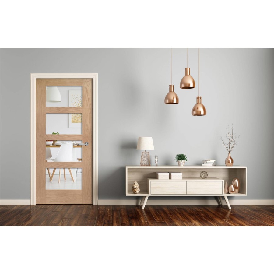 Internal Oak Glazed 4-Panel Shaker FD30 Fire Door with Clear Glass - Unfinished - 1981 x 686 x 44mm - 4 Light - XL Joinery