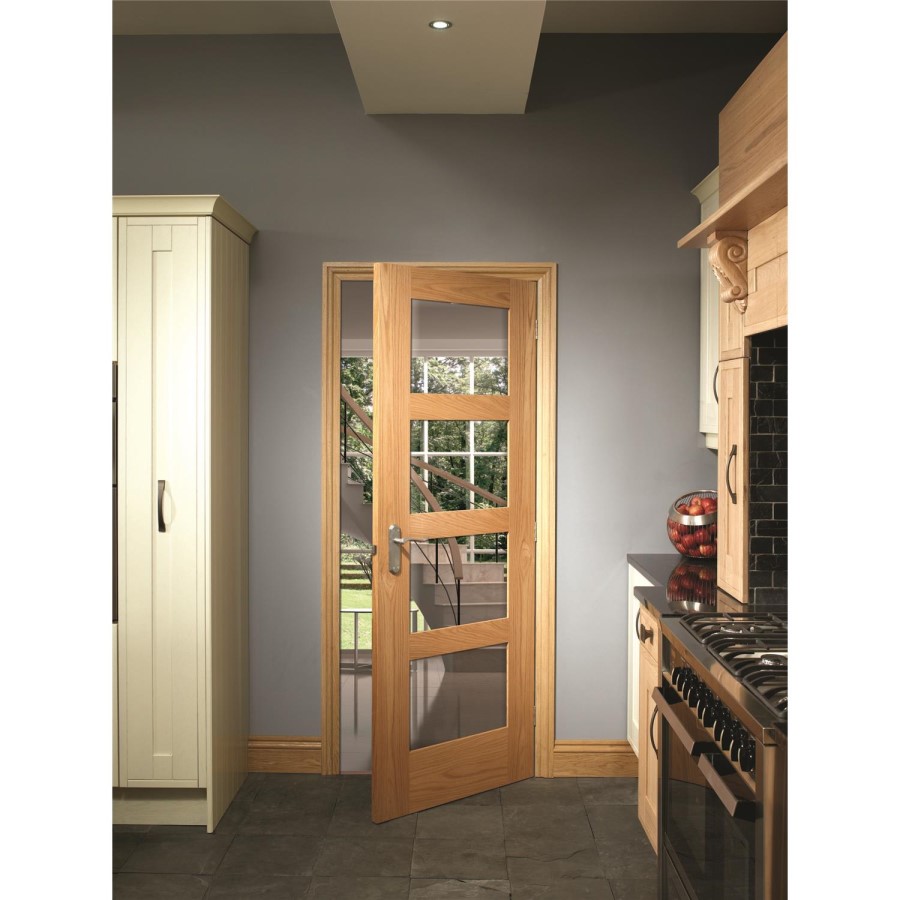 Internal Oak Glazed 4-Panel Shaker FD30 Fire Door with Clear Glass - Unfinished - 1981 x 686 x 44mm - 4 Light - XL Joinery
