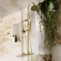 Brass Thermostatic Mixer Shower Set with Rainfall-Style Curved Arm Hand Shower with Slide Rail Kit - Grace