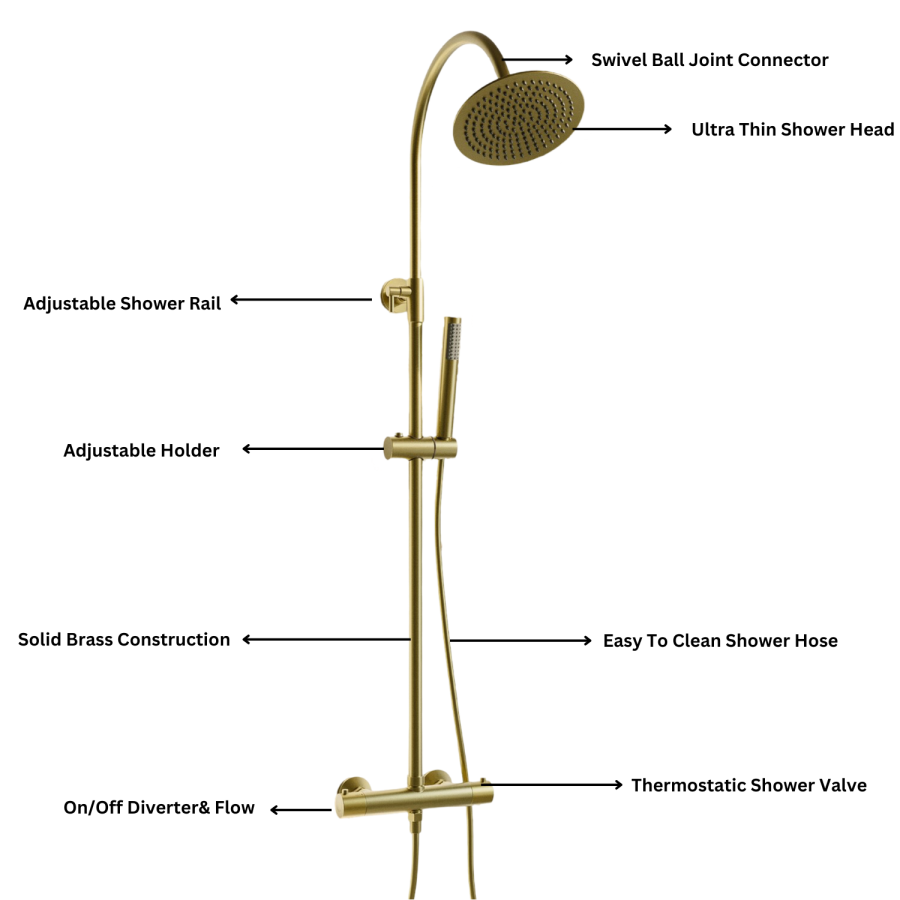 Brass Thermostatic Mixer Shower Set with Rainfall-Style Curved Arm Hand Shower with Slide Rail Kit - Grace