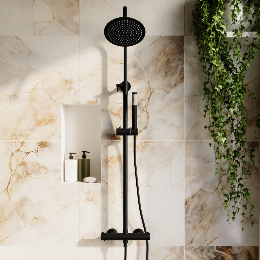 Black Thermostatic Mixer Shower Set with Rainfall-Style Curved Arm Hand Shower with Slide Rail Kit - Grace