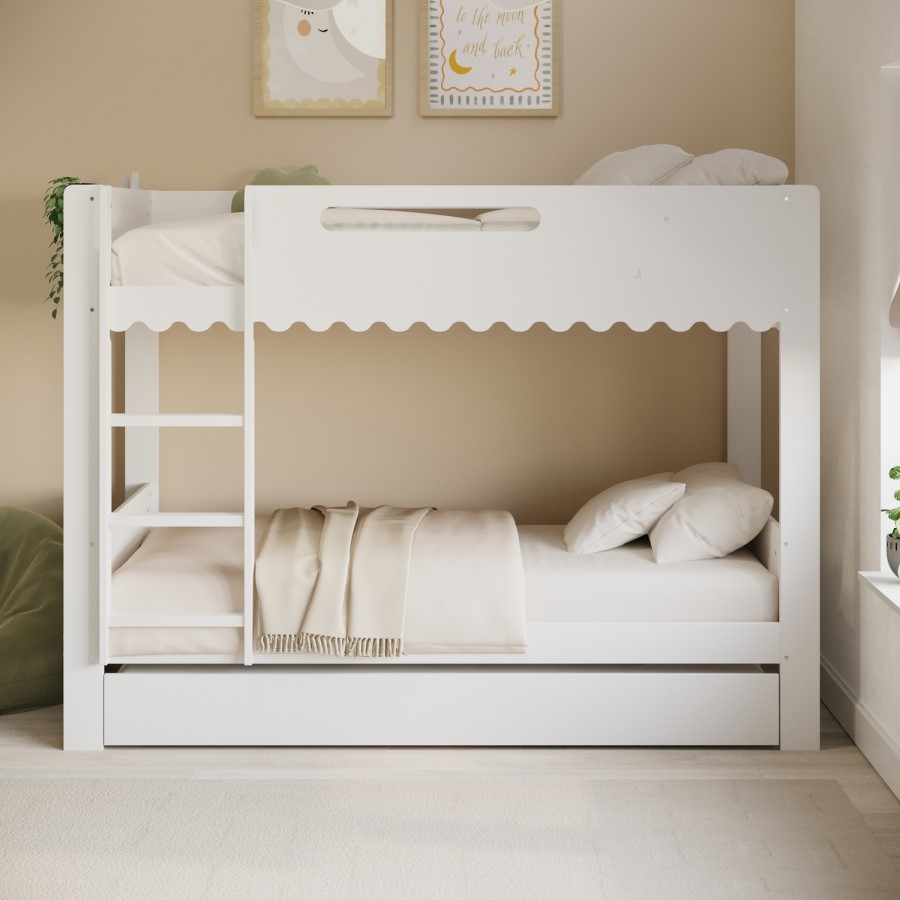 White Scalloped Triple Sleeper Bunk Bed with Trundle – Gracie