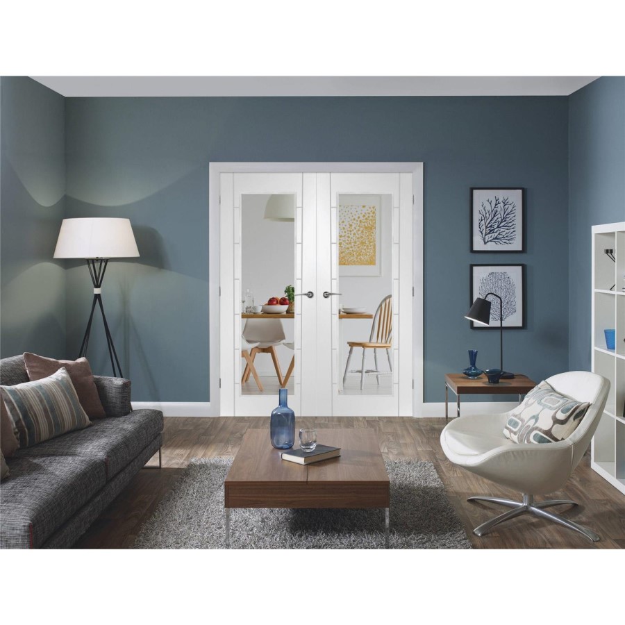 Internal White Primed Fully-Glazed Rebated French Doors with Clear Glass - 1981 x 1524 x 40mm - Palermo - XL Joinery