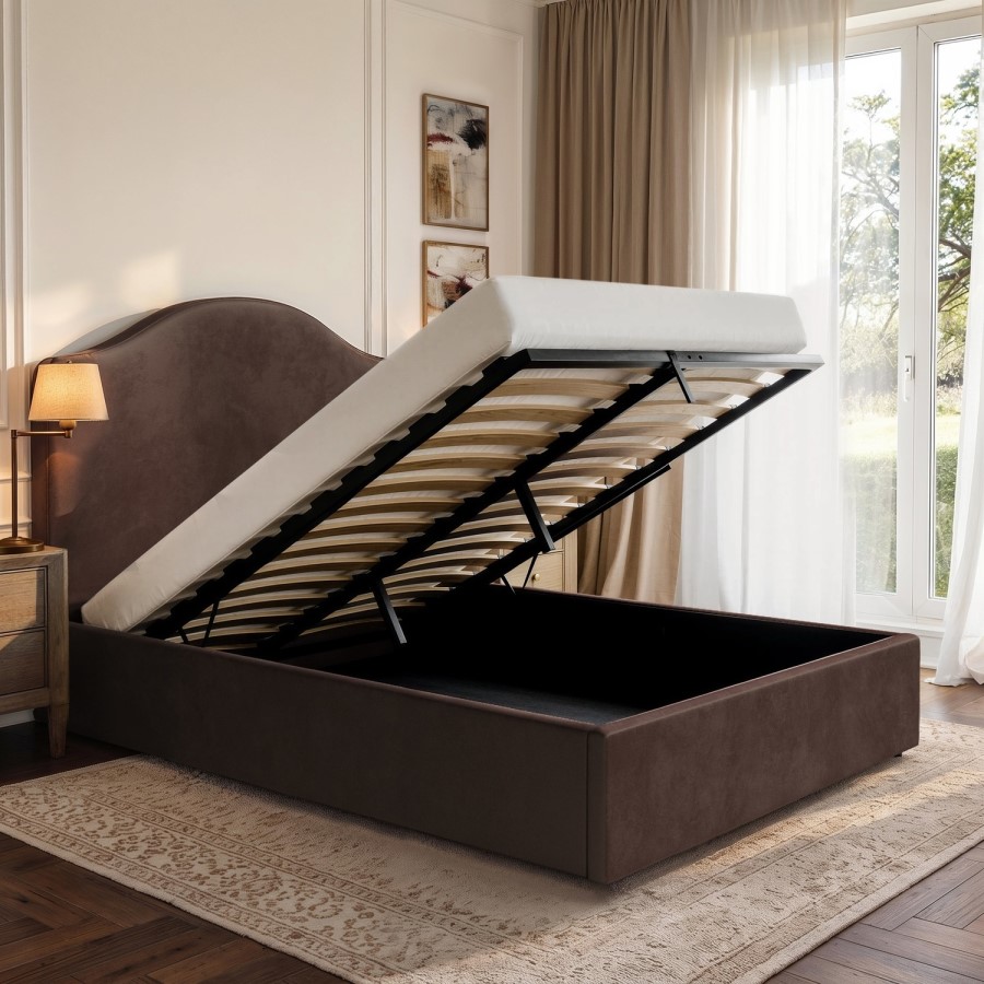 Chocolate Brown Velvet Double Ottoman Bed - Henri 

