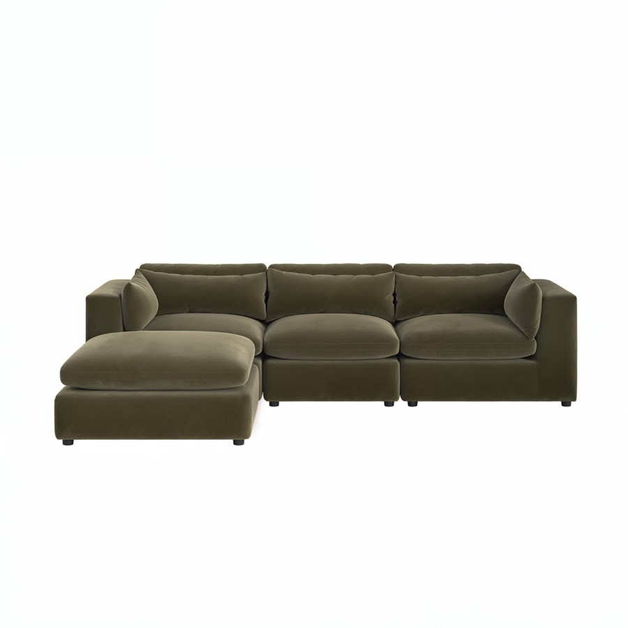 ALMOST PERFECT - Hudson Khaki Green Velvet 4 Seater L Shaped Sofa