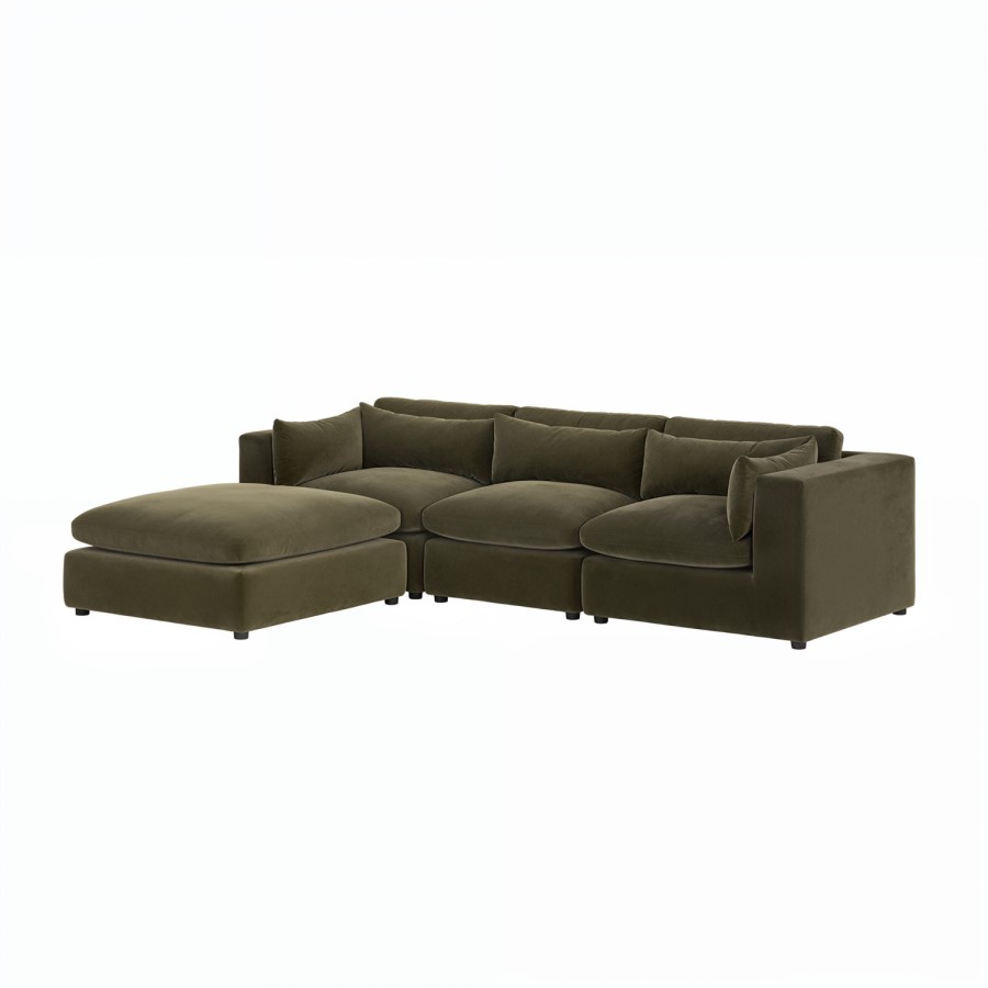 ALMOST PERFECT - Hudson Khaki Green Velvet 4 Seater L Shaped Sofa