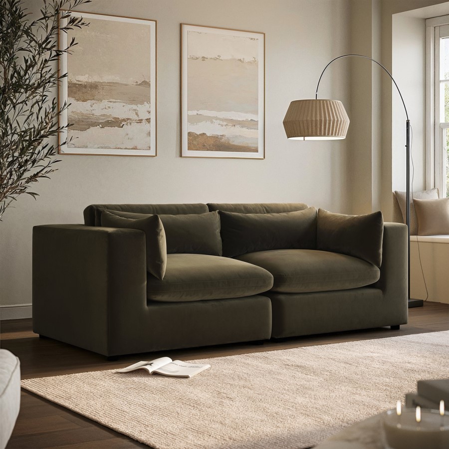 Khaki Green Velvet 3 Seater Sofa - Hudson