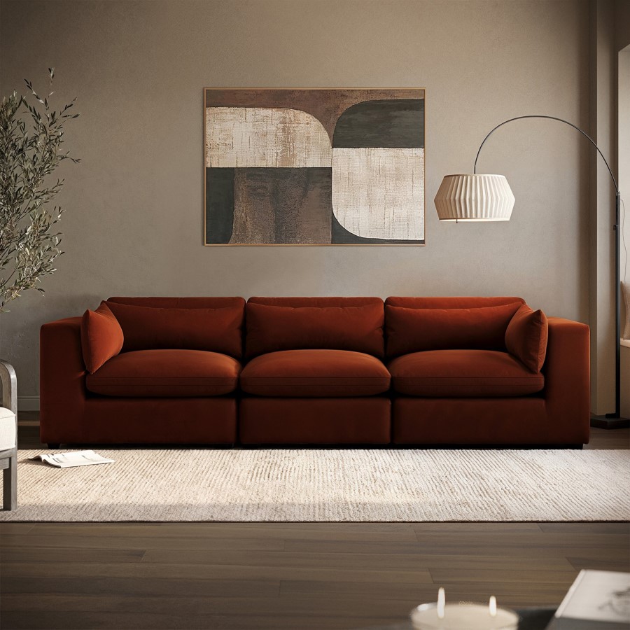 Large Burnt Orange Velvet 4 Seater Sofa - Hudson