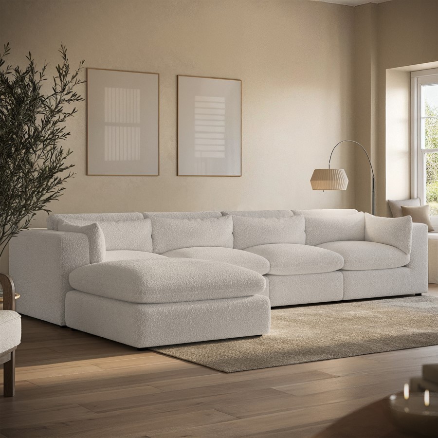 Beige Boucle 5 Seater L-Shape Corner Sofa with Reversible Chaise - Hudson
