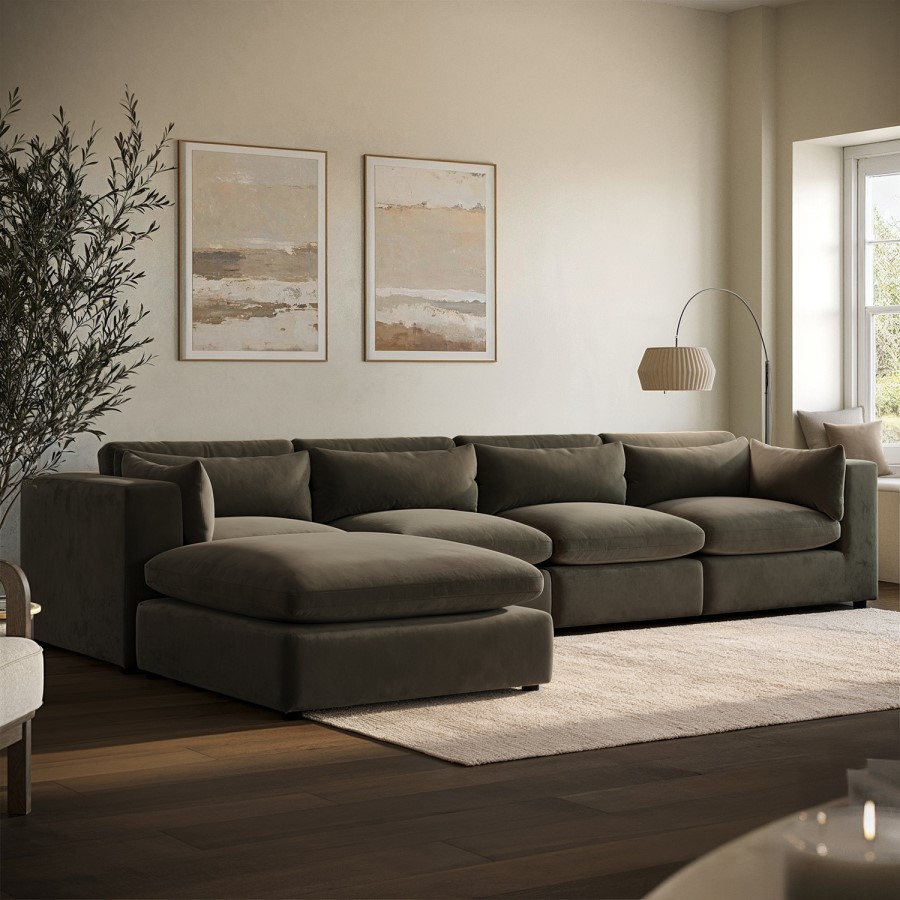 Khaki Green Velvet 5 Seater L-Shape Corner Sofa with Reversible Chaise - Hudson