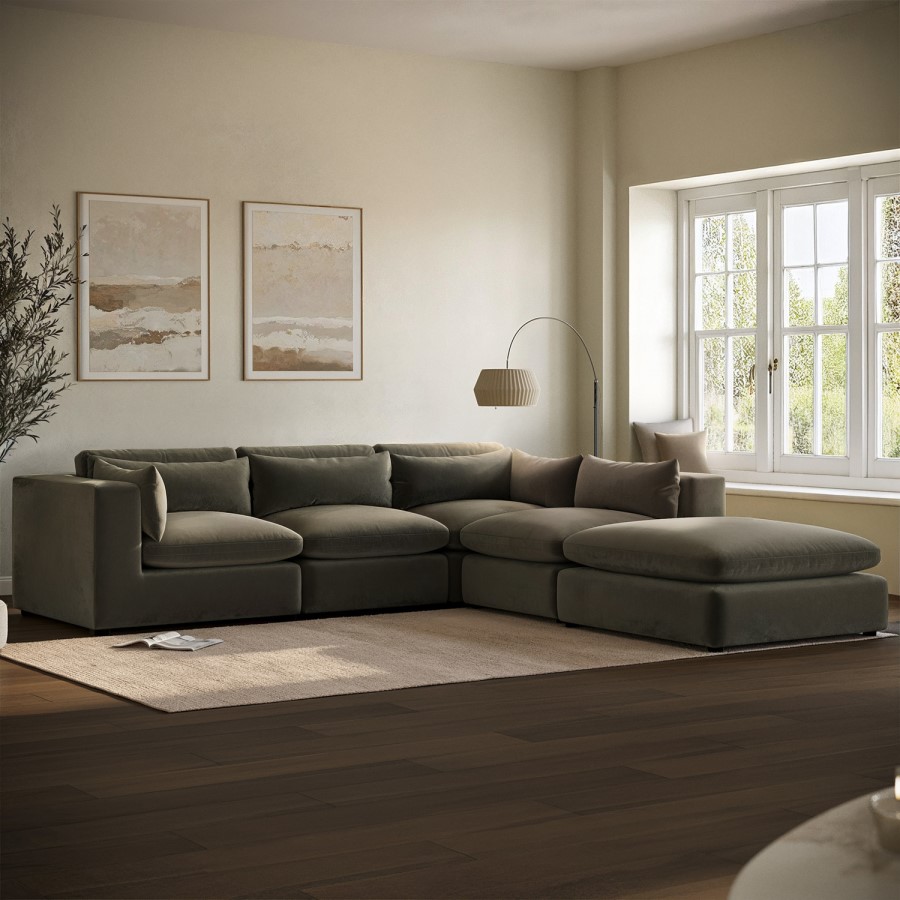 Khaki Green Velvet 5 Seater L-Shape Modular Corner Sofa with Reversible Chaise - Hudson