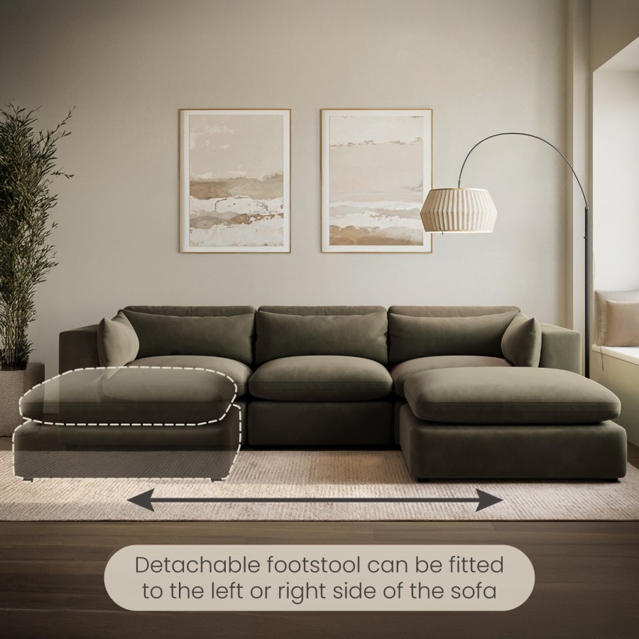 Khaki Green Velvet 5 Seater L-Shape Modular Corner Sofa with Reversible Chaise - Hudson
