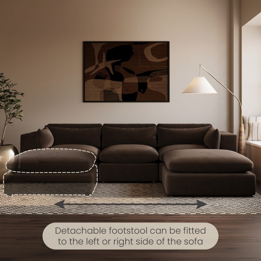 Chocolate Brown Velvet 4 Seater L-Shape Corner Sofa with Reversible Chaise - Hudson