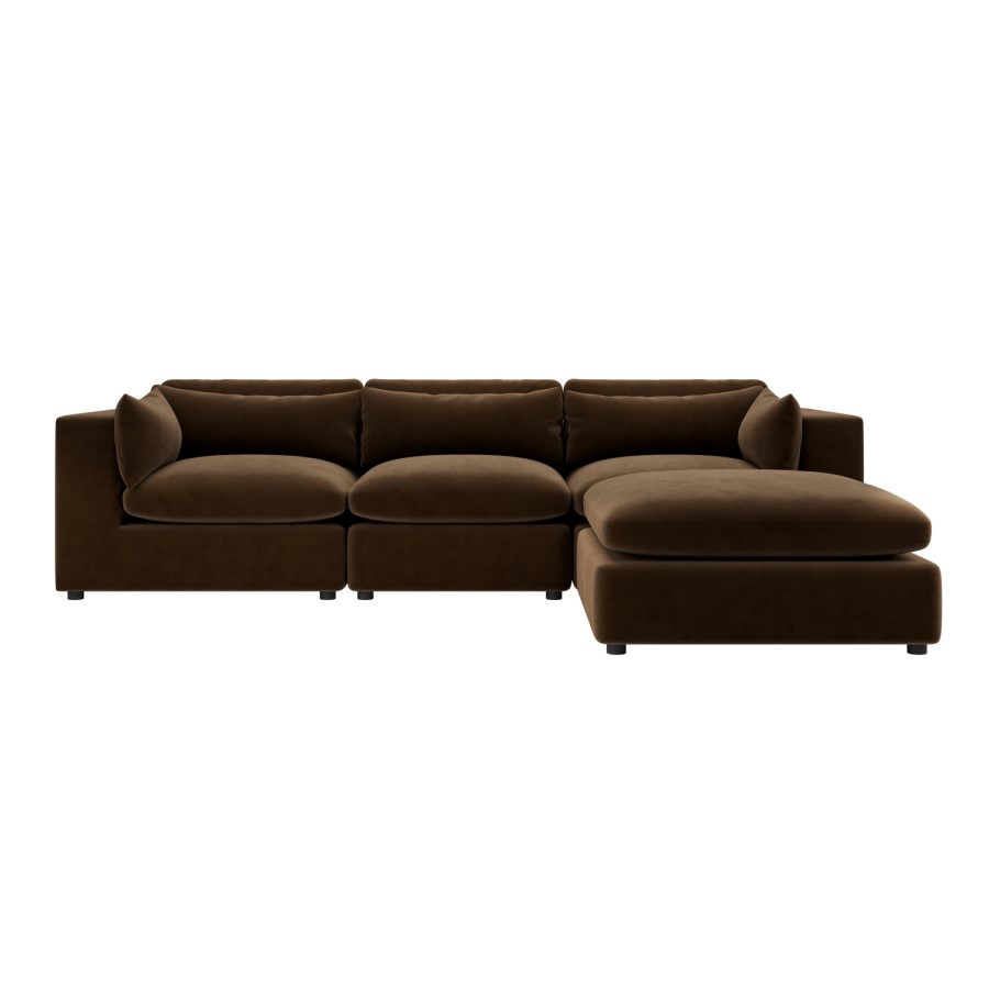Chocolate Brown Velvet 4 Seater L-Shape Corner Sofa with Reversible Chaise - Hudson
