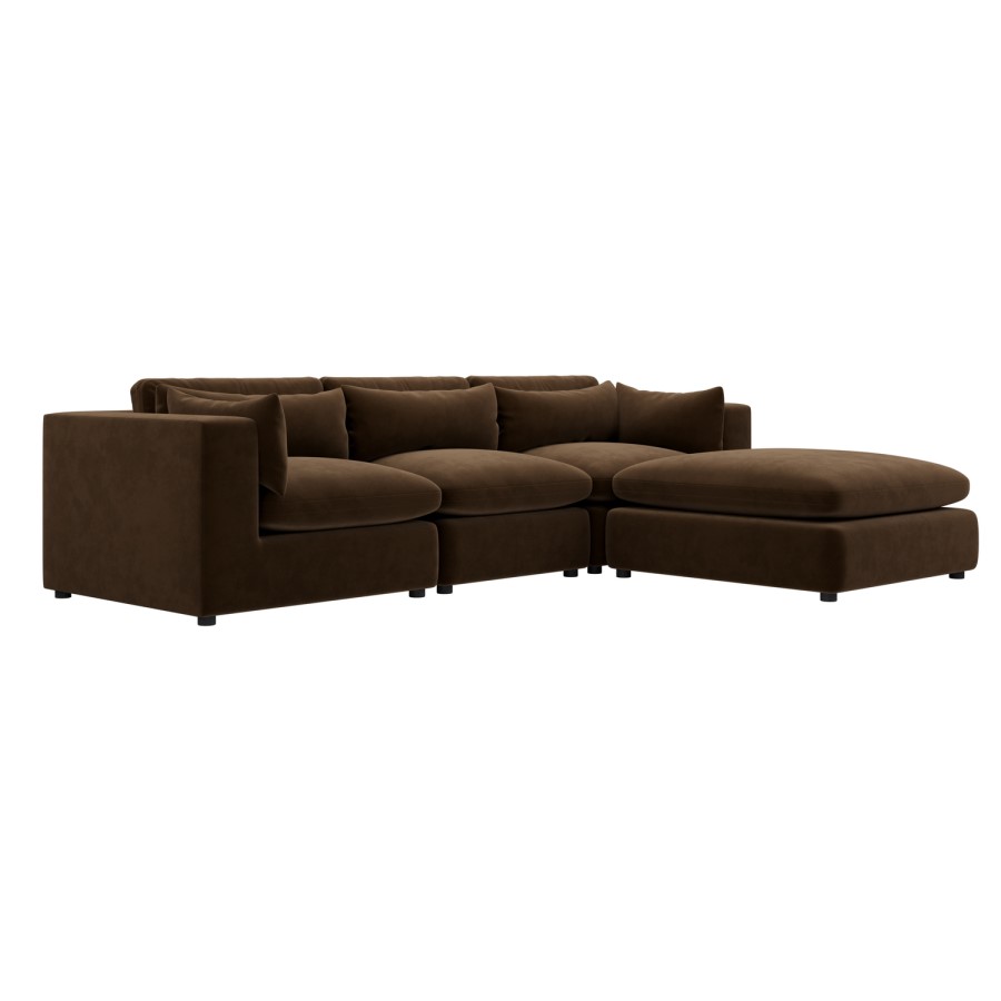 Chocolate Brown Velvet 4 Seater L-Shape Corner Sofa with Reversible Chaise - Hudson
