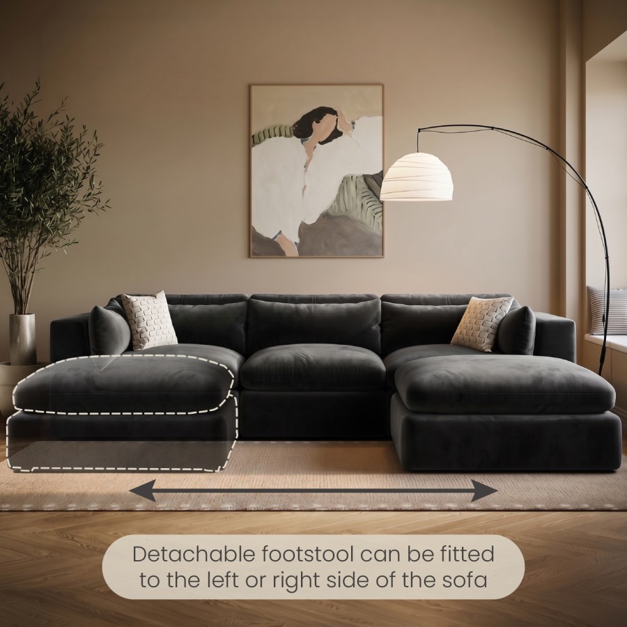 Large Charcoal Grey Velvet Reversible 4 Seater Chaise Corner Sofa - Hudson