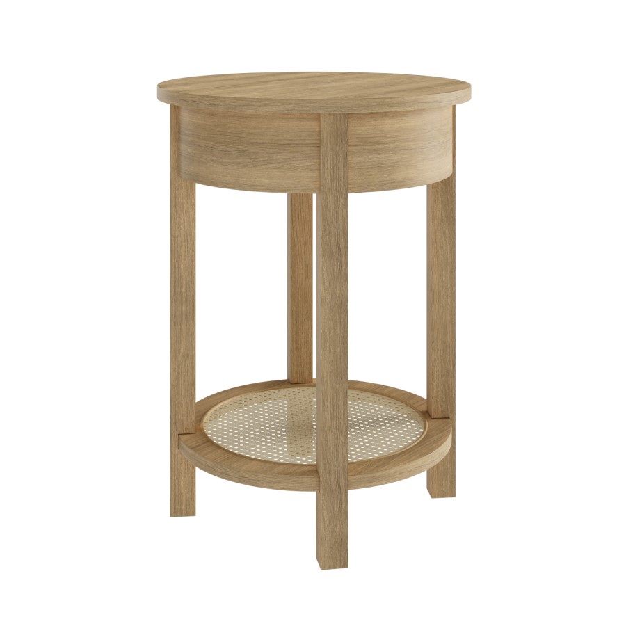 Light Oak Circular Bedside Table with Drawer and Shelf - Ida