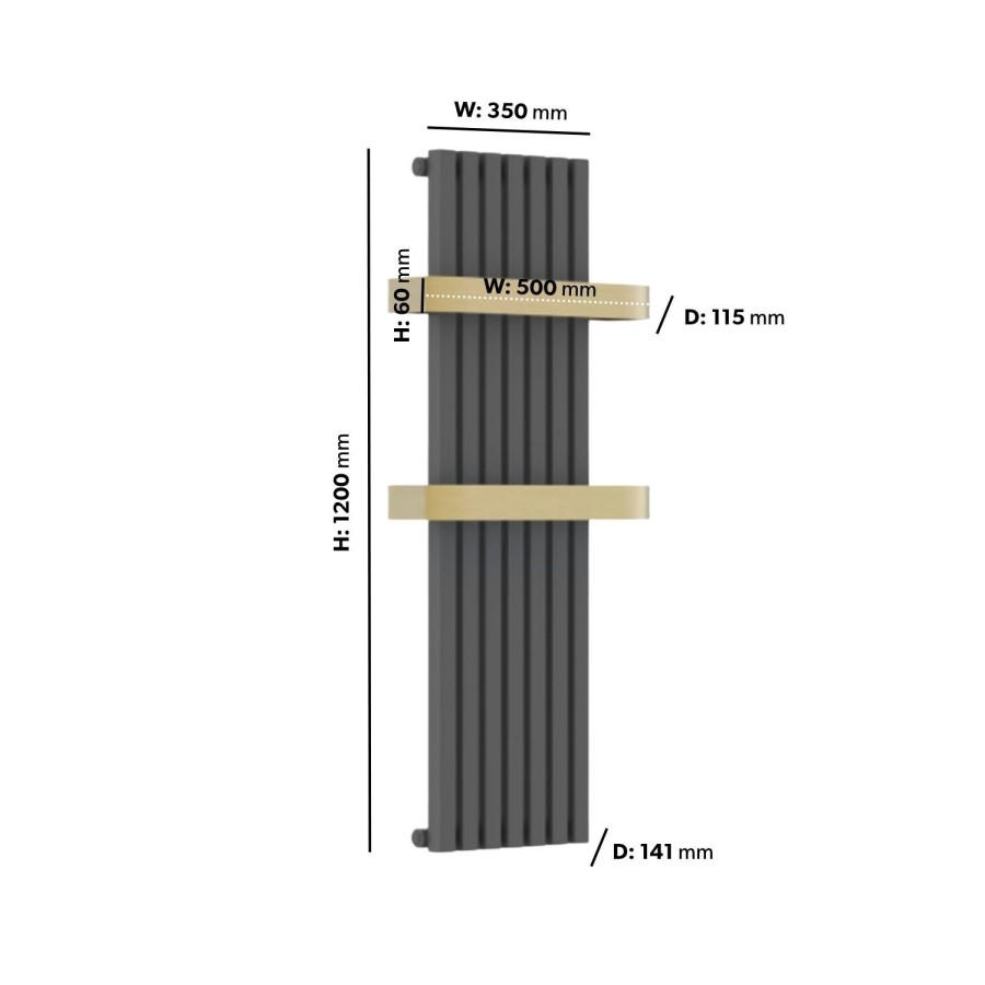 Gunmetal Vertical Single Panel Radiator with Brass Towel Bars 1200 x 500mm - Iraya