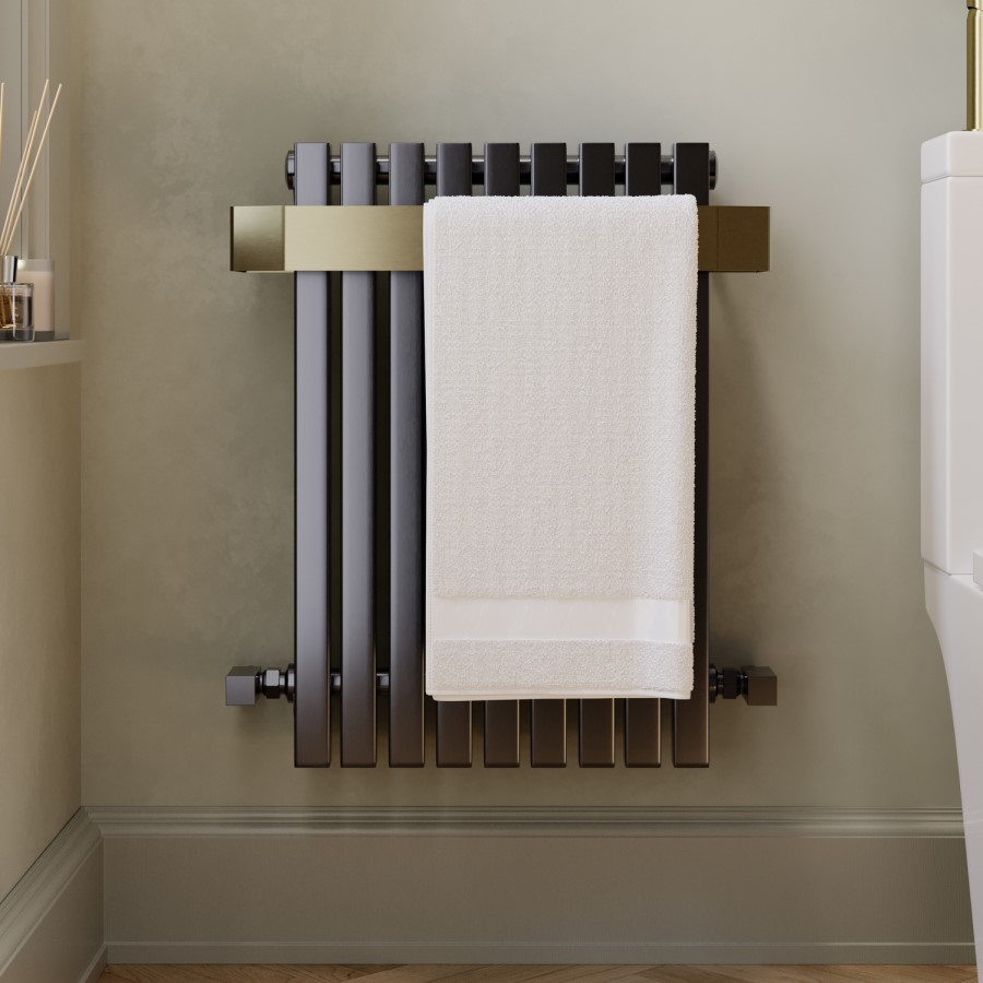 Gunmetal Single Panel Radiator with Brass Towel Bar 600 x 600mm - Iraya