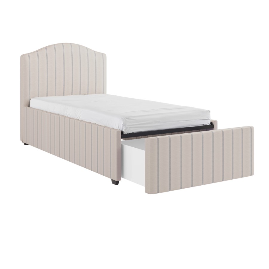 Cream Striped Upholstered Single Bed Frame with Storage Drawer - Isabelle