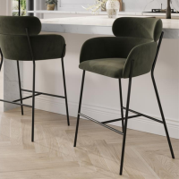 Green Velvet Curved Kitchen Stool with Back - Isla