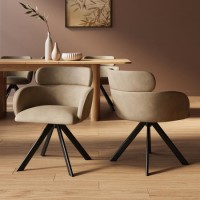 GRADE A1 - Set of 2 Beige Faux Leather Curved Swivel Dining Chairs - Isla