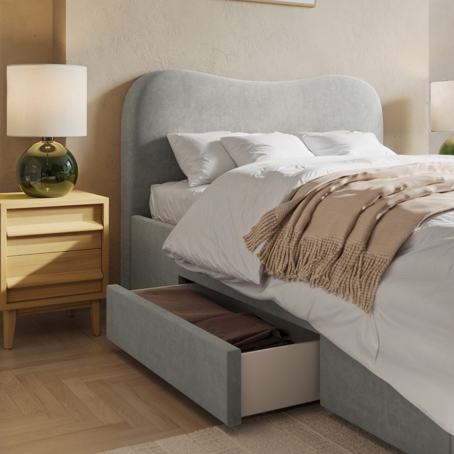 Grey Upholstered Double Bed Frame with Storage Drawers – Joanie