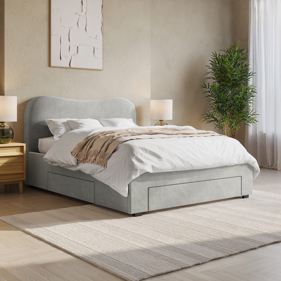 Grey Upholstered King Size Bed Frame with Storage Drawers – Joanie