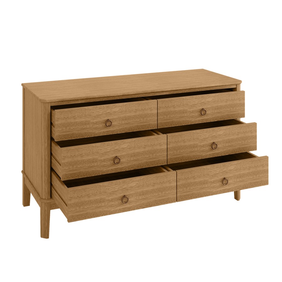 Wide Solid Light Pine Wood 6 Drawer Chest of Drawers - Josephine