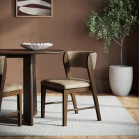 Set of 2 Beige PU Curved Back Wooden Dining Chairs with Walnut Finish Legs - June