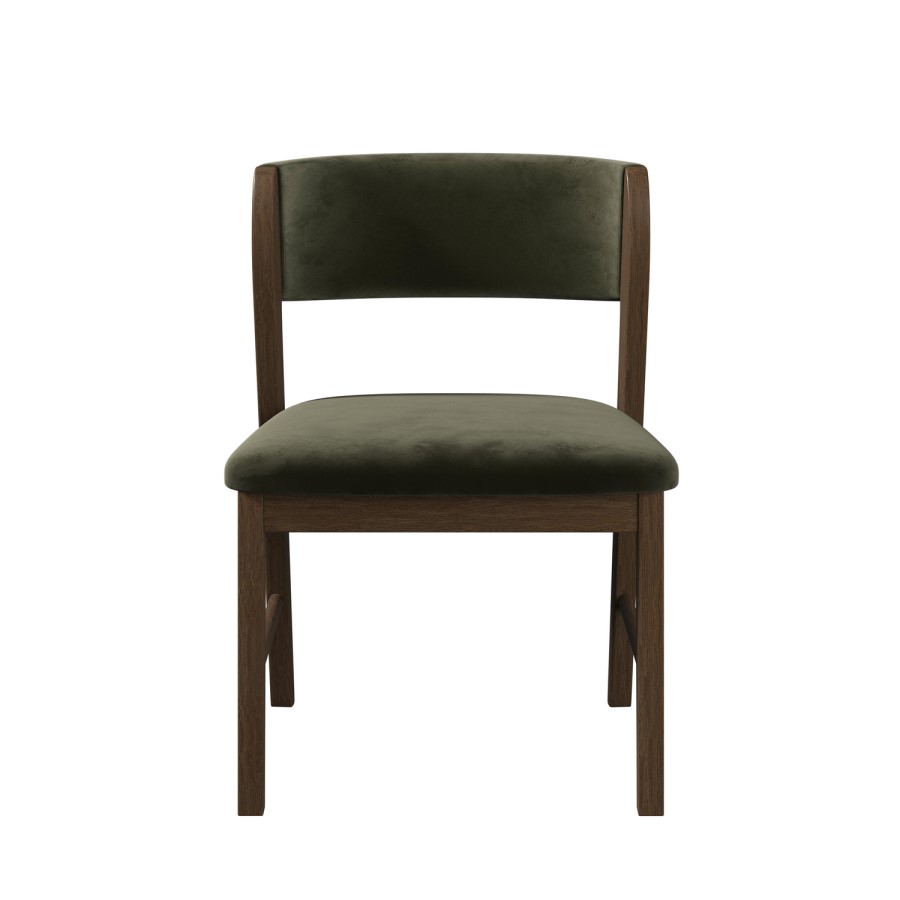 Set of 2 Green Velvet Curved Back Wooden Dining Chairs with Walnut Finish Legs - June